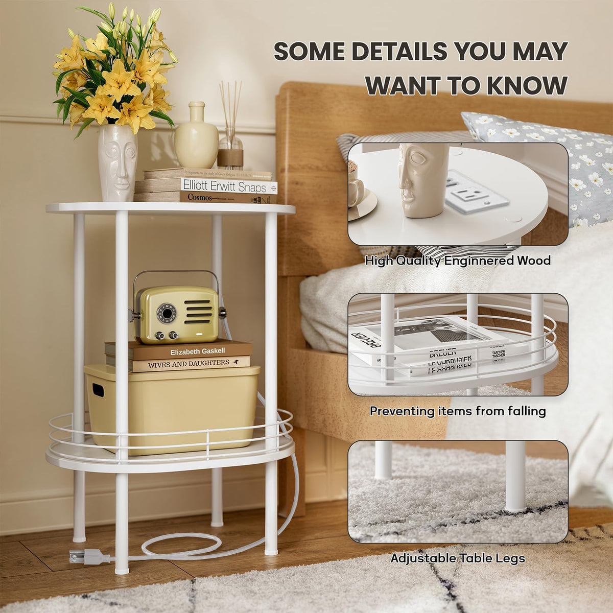 Small Round Side Table with Charging Station,Bedside Table with 2 USB Ports and Outlets, Morden Round Nightstand, Samll Side Table for Living Room,Bedroom, Nursery, Laundry, White
