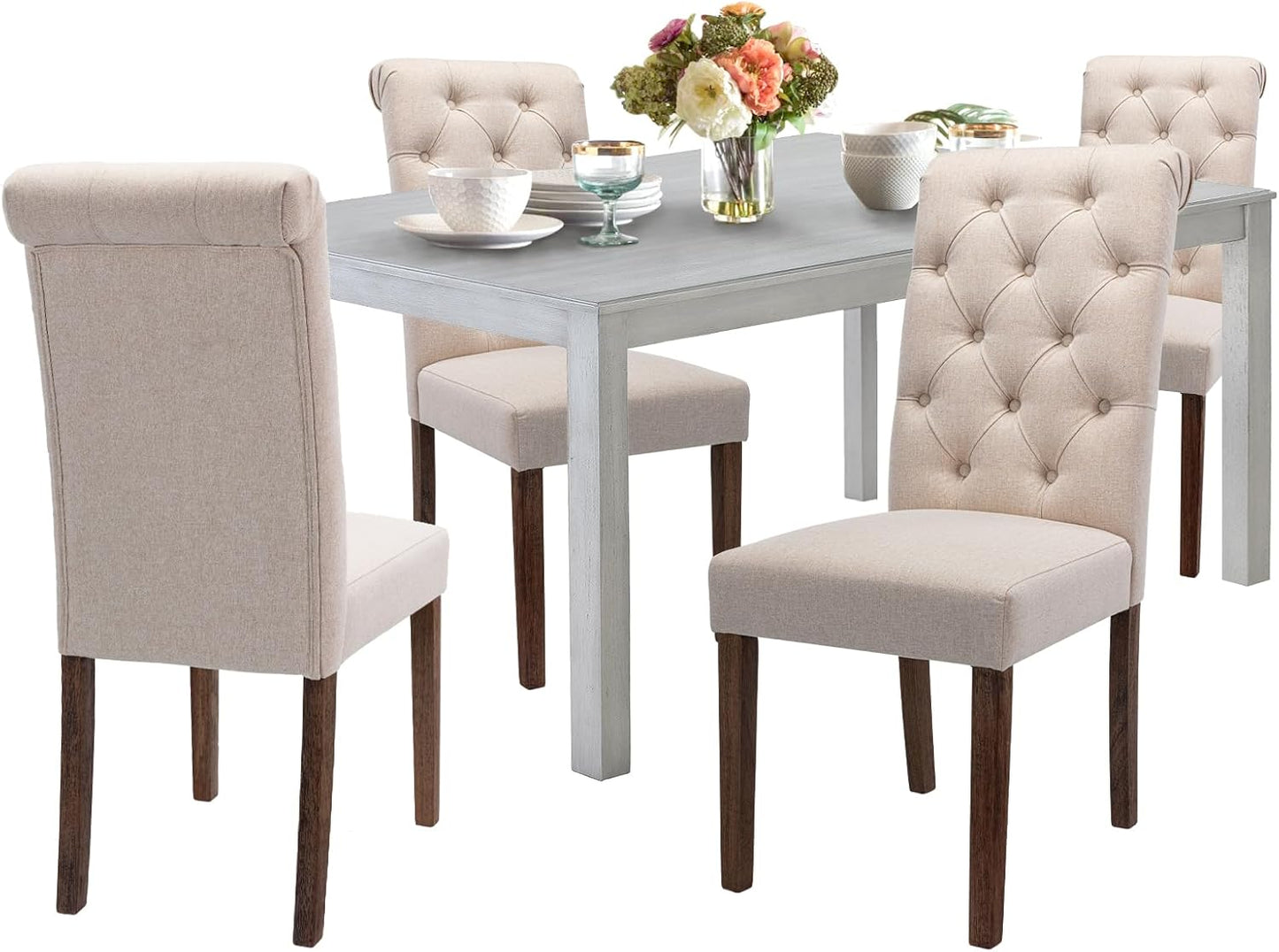COLAMY 5-Piece Dining Table Set for 4, 60" Kitchen Wood Table with 4 Tufted Dining Room Chairs, White/Beige