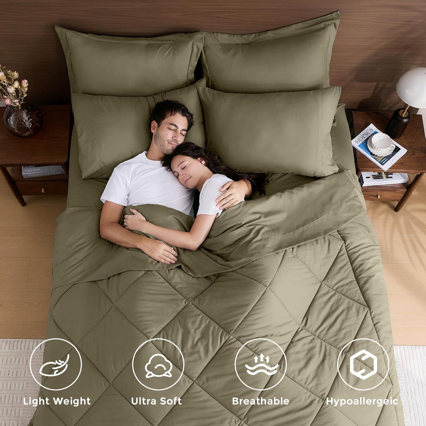 HEVUMYI Olive Green Full Comforter Set - 7-Piece All Season Bed in a Bag Full, Ultra Soft Bedding Set with Comforter, Flat Sheet, Fitted Sheet, Pillowcases, Pillow Shams, Olive Green