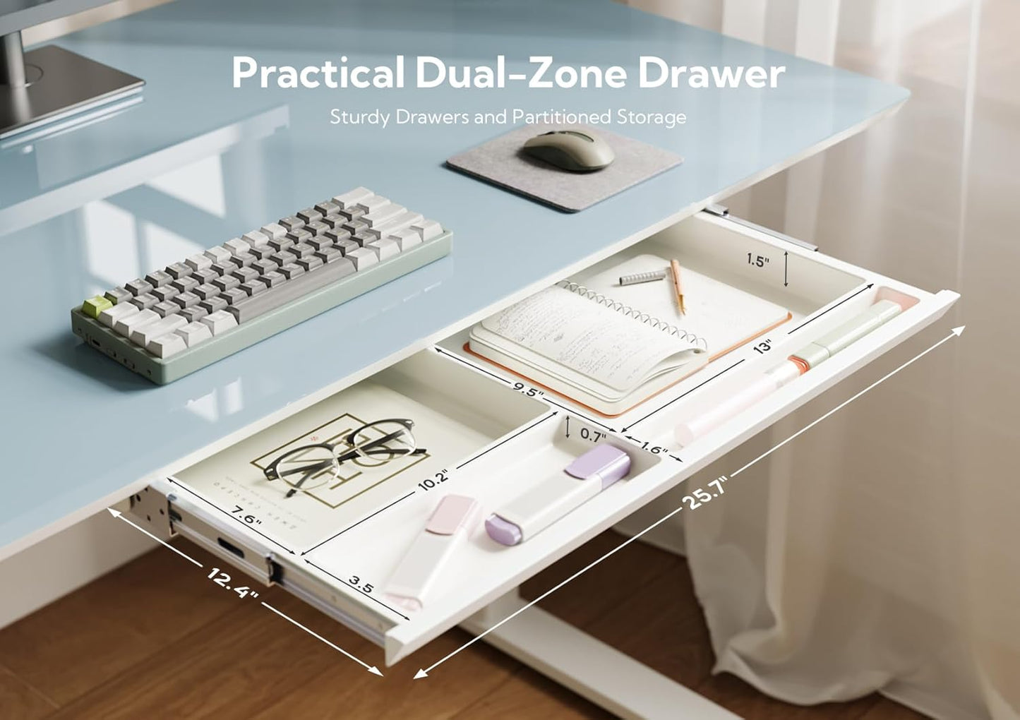 INNOVAR Glass Standing Desk with Drawers, Adjustable Height Stand Up Desk, Electric Standing Desks with Storage, 48 inch, Morandi Blue