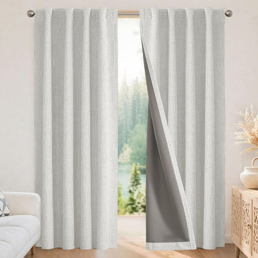 Joydeco 100% Blackout Curtains for Bedroom - Natural Linen Curtains 100" W x 120" L, Thermal Insulated 1 Panels White Light Blocking Drapes, Rod Pocket & Back Tabs, Darkening Privacy for Living Room