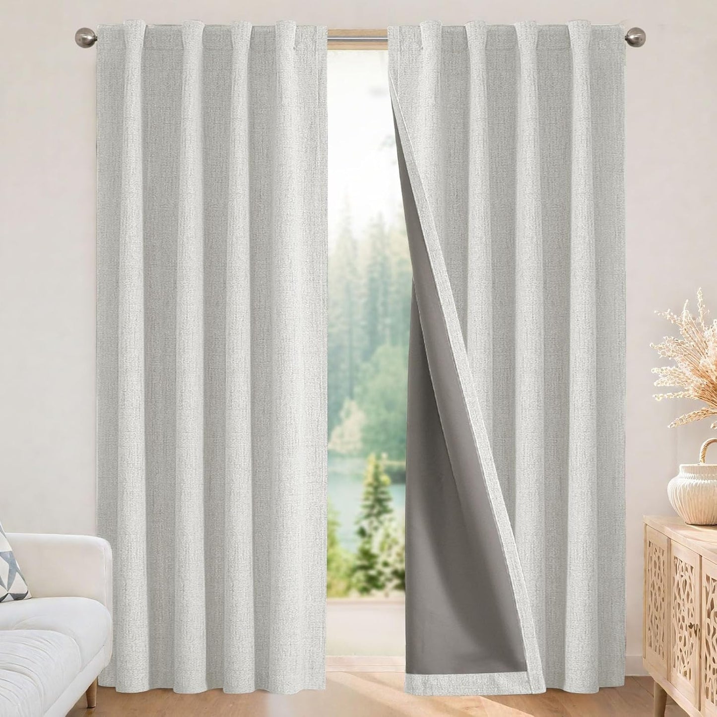 Joydeco 100% Blackout Curtains for Bedroom - Natural Linen Curtains 52" W x 63" L, Thermal Insulated 2 Panels White Light Blocking Drapes, Rod Pocket & Back Tabs, Darkening Privacy for Living Room
