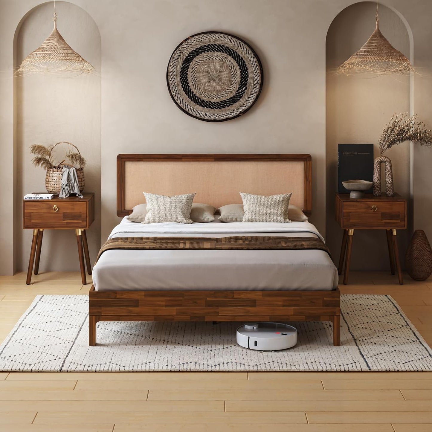 Nipe Platform Bed Frame with Headboard Size Queen - Dark Chocolate - Solid Acacia