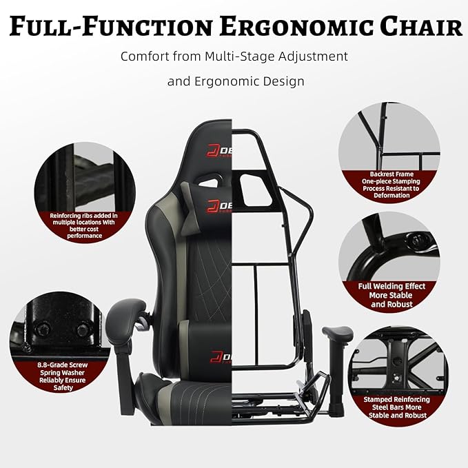 Ergonomic Gaming Chair with Footrest and Lumbar Massage, Racing Office Chair, High Back Computer Desk Chair with Headrest Pillow for Adults, Video Game Chair for PC Gamer (1001-Gray)