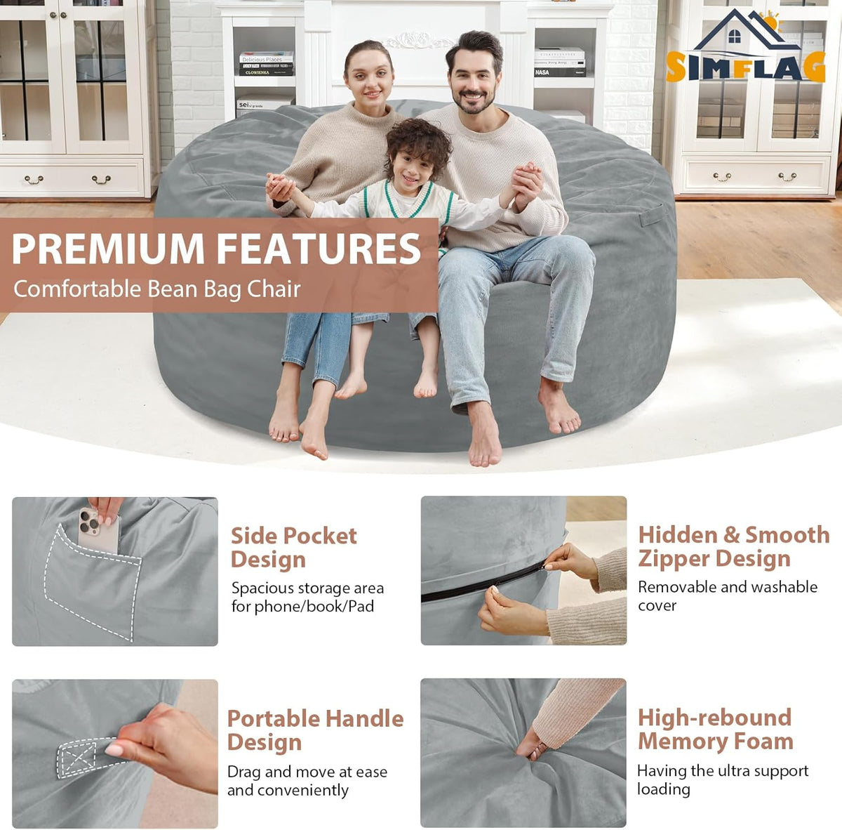 5FT Bean Bag Chair, Large Bean Bag Chairs with Memory Foam Filled, Fluffy Beanbag Sofa with Dutch Velvet Cover, Round BeanBag Chairs for Living Room, Playroom - Light Grey