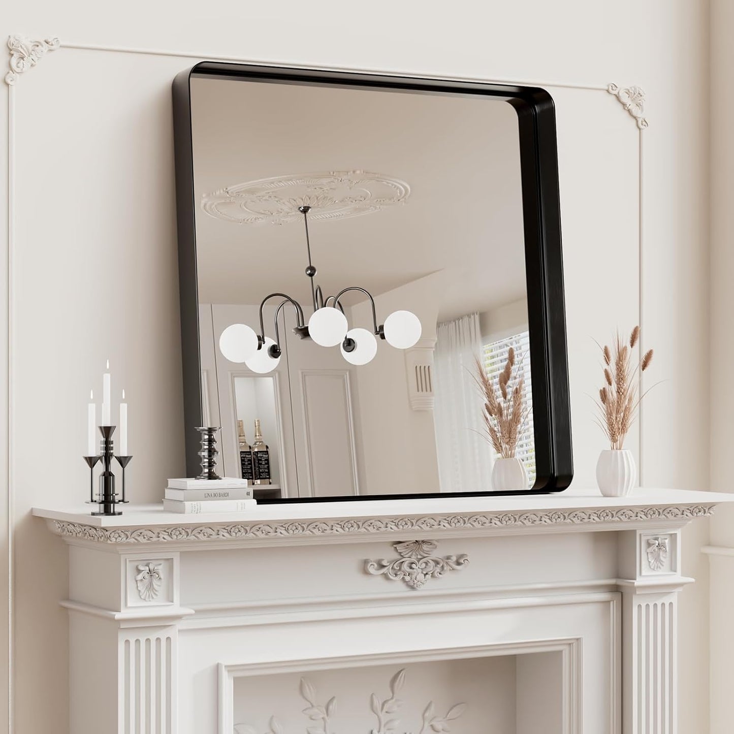 Koonmi Black Wall Mirror for Bathroom, 30x30 Inch Matte Deep Framed Rounded Rectangle Vanity Mirror for Farmhouse Living Room, Tempered Glass, Anti-Rust, Vertically or Horizontally