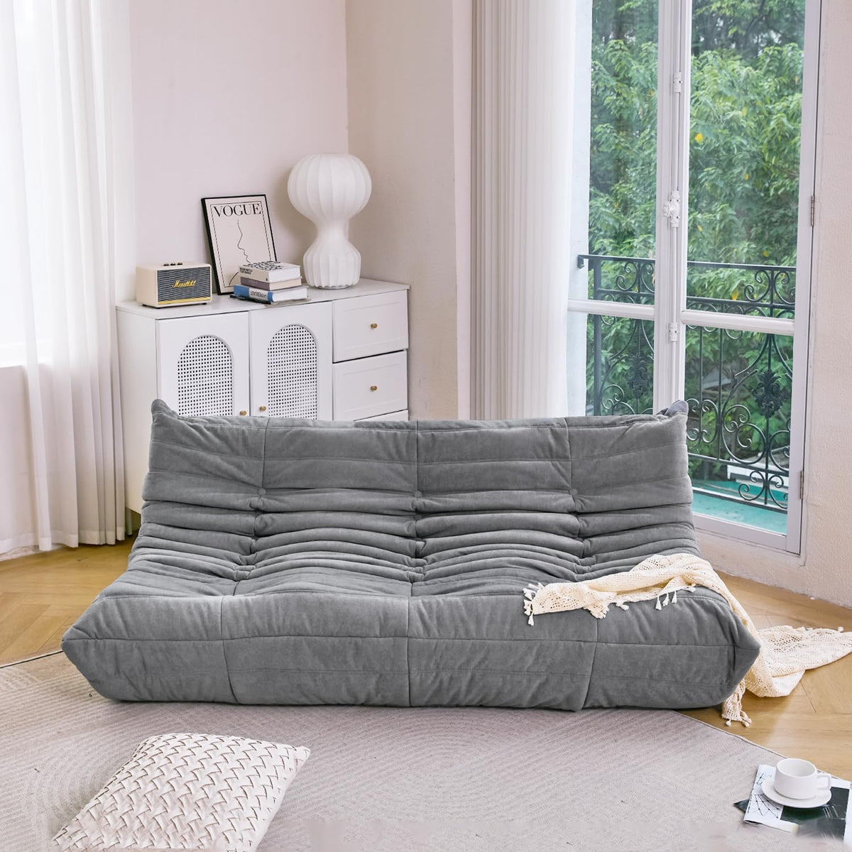 N&V Fireside Chair, Mid Century Armless Floor Sofa, Soft Premium Microfiber Floor Lounge Chair, Foam Sofa Accent Chair for Living Room Bedroom and Office (Grey, Three Seater)