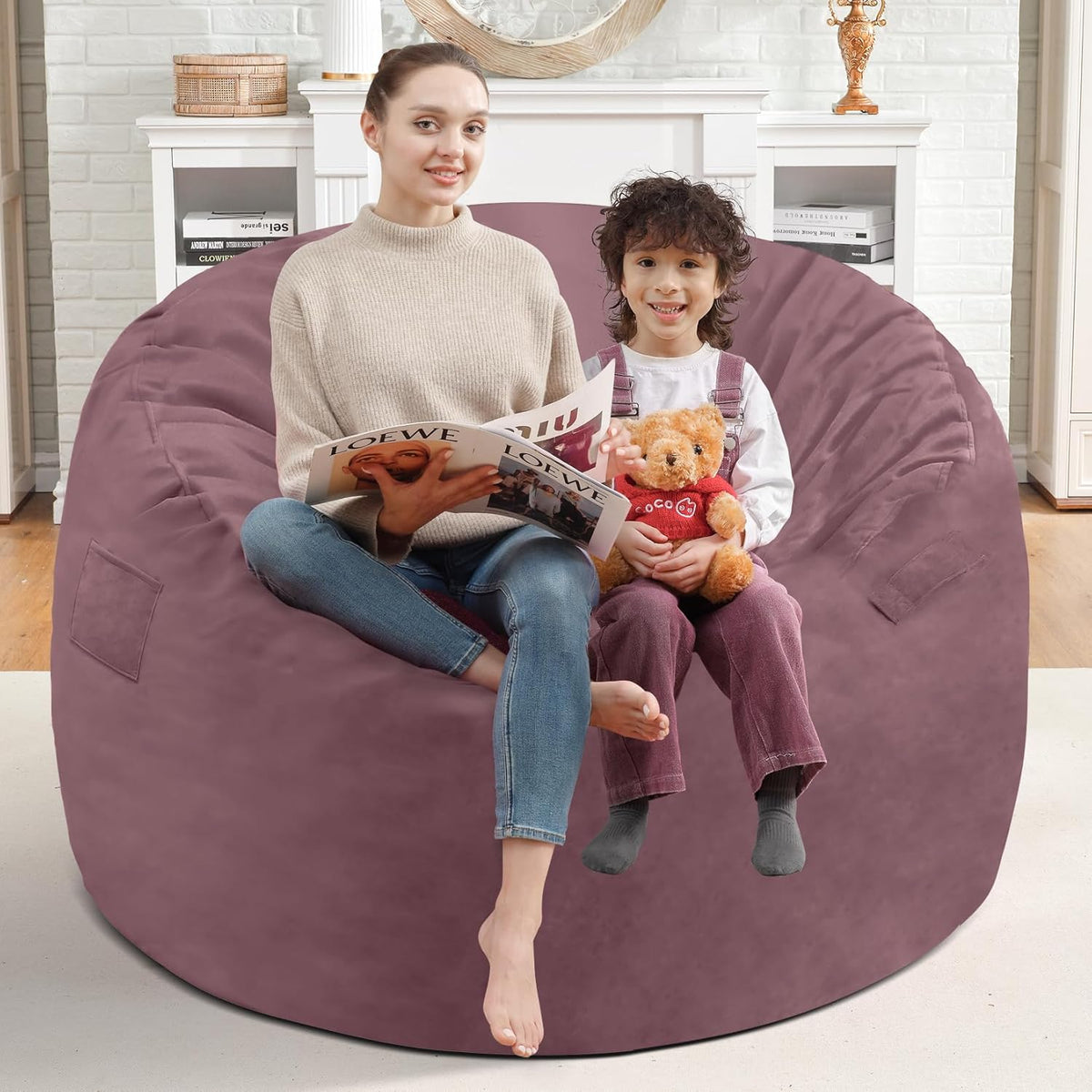 3FT Bean Bag Chair, Comfy Bean Bag Chairs with Memory Foam Filled, Fluffy Beanbag Sofa with Dutch Velvet Cover, Round BeanBag Chairs for Living Room, Playroom - Dusty Pink