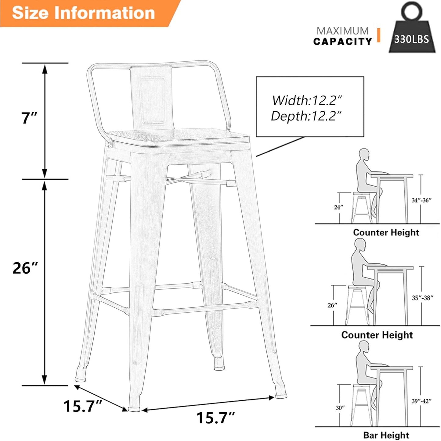 Yongchuang 26 inch Metal Bar Stools Set of 4 Counter Bar Stools Distressed Gold Black Wood Top Low Back