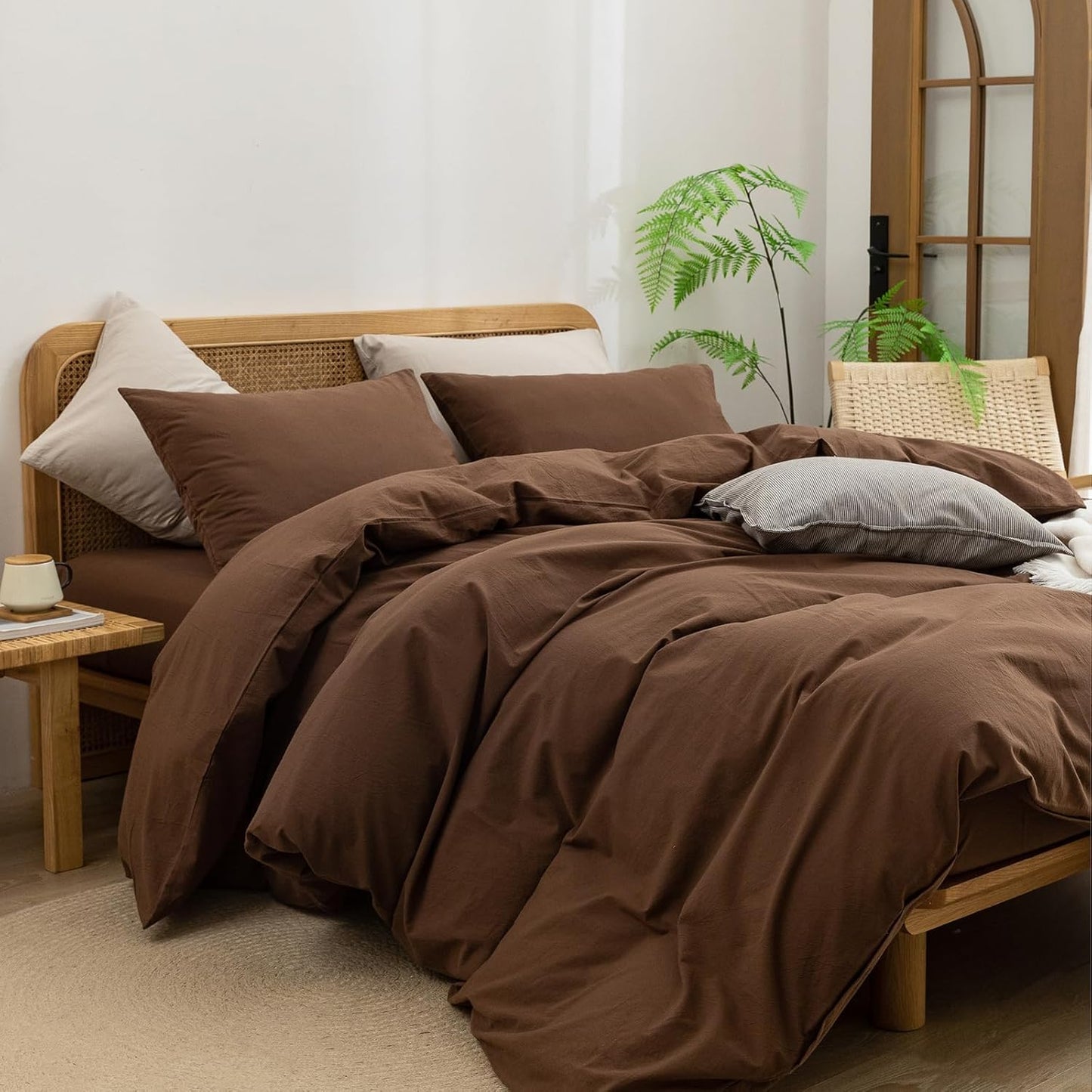 BESTOUCH Duvet Cover Set 100% Washed Cotton Linen Feel Super Soft Comfortable Chic Lightweight 3 PCs Home Bedding Set Solid Cocoa Brown Cal King