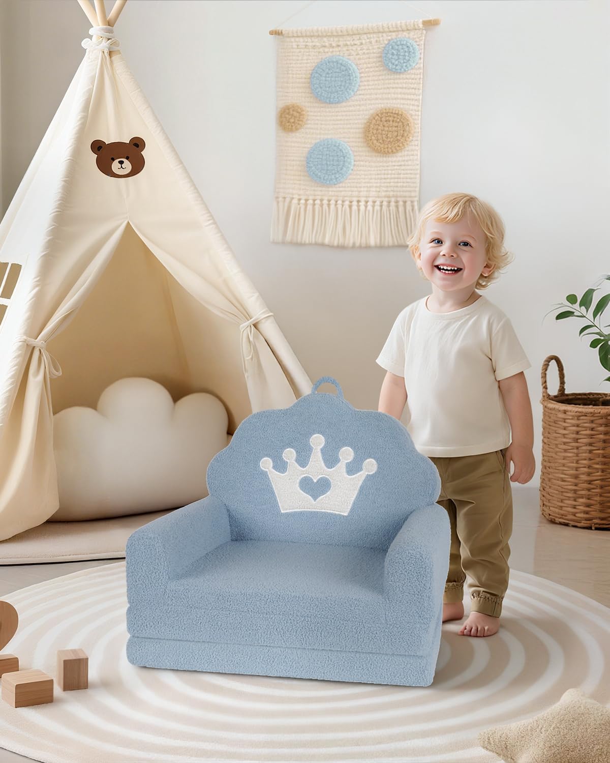 2-in-1 Kids Couch Fold Out, Soft Teddy Sherpa Toddler Couch with Crown Design, Convertible Kids Sofa to Lounger for Nap & Playtime, Cozy Children's Furniture for Boys & Girls, Blue