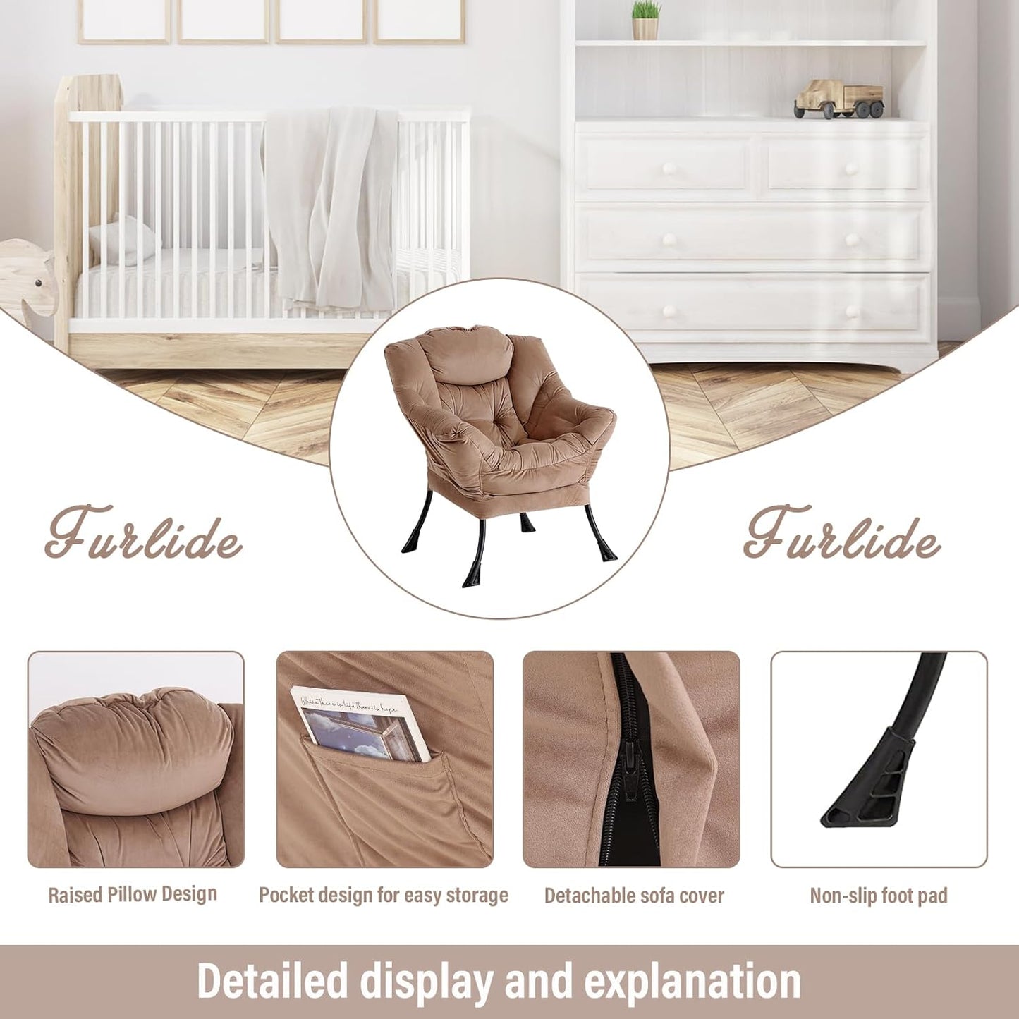 Lazy Chair with Ottoman, Modern Chair with Folding Footrest, Lounge Accent Chair, Comfortable Reading Chair, Oversized Armchairs for Bedroom, Study, Living Room, Courtyard (Khaki)