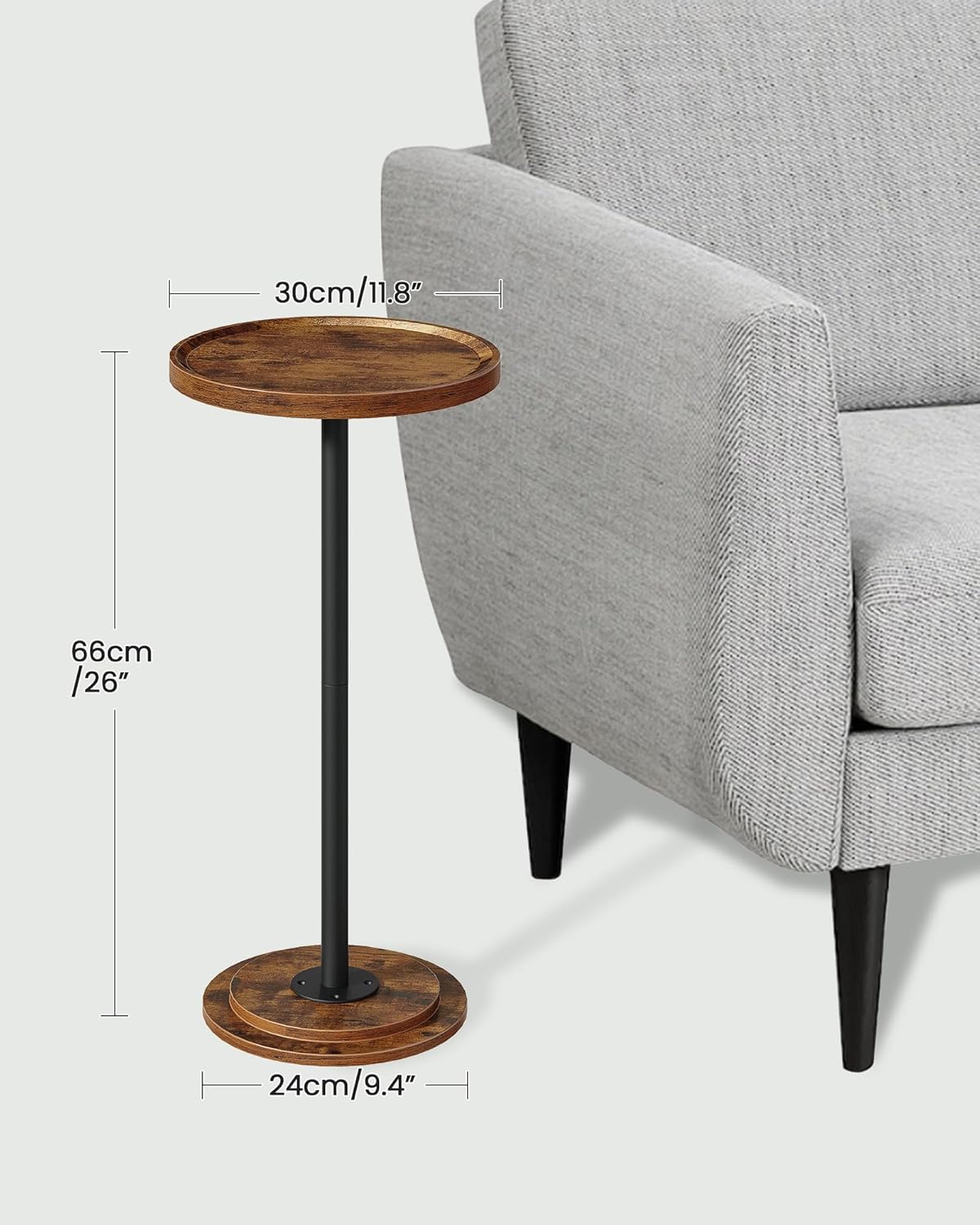 Small Round Side Table, Drink Table for Small Spaces, Pedestal Cocktail Table, Thickened Base, for Living Room, Bedroom, Office, Rustic Brown and Black TBZ30BF