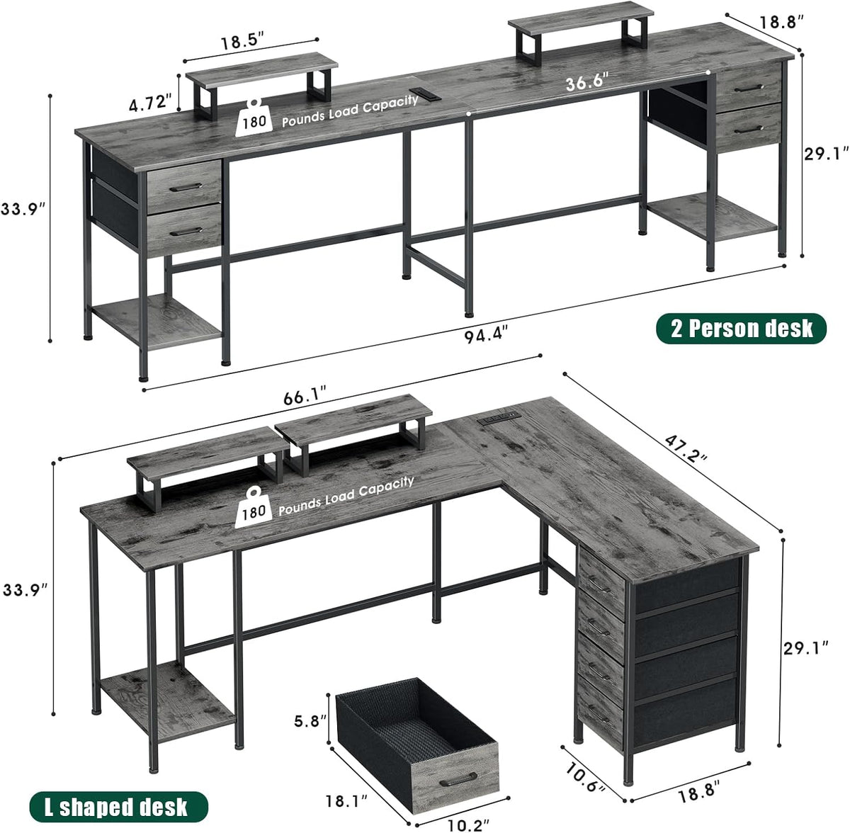 66" L Shaped Computer Desk, 94.4'' Home Office Desk with Power Outlets, 4 Adjustable Storage Drawers & 2 Monitor Stands, Large Two Person Gaming Table for Writing Study, Grey
