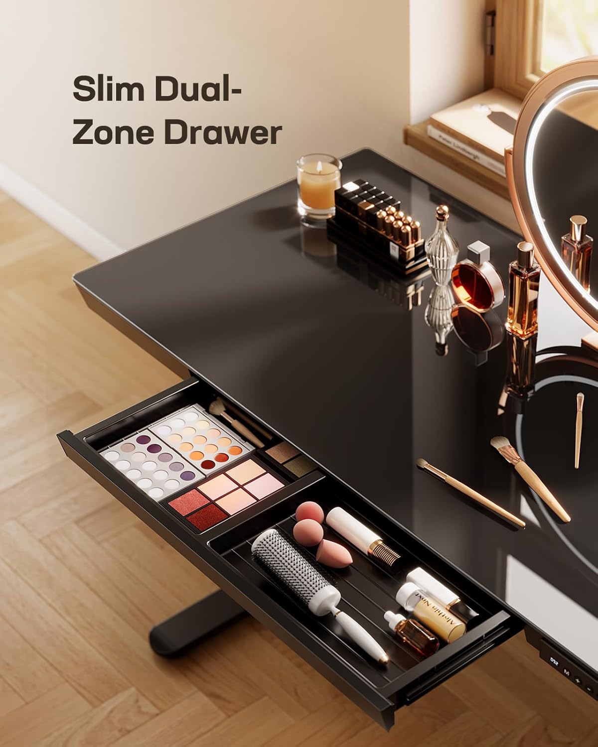 Marsail Glass Standing Desk with Drawer,55 x 28 inch Electric Standing Desk, Sit Stand Desk with One-Piece Tabletop & USB Charging Ports, Height Adjustable Desk with Storage for Home & Office Black