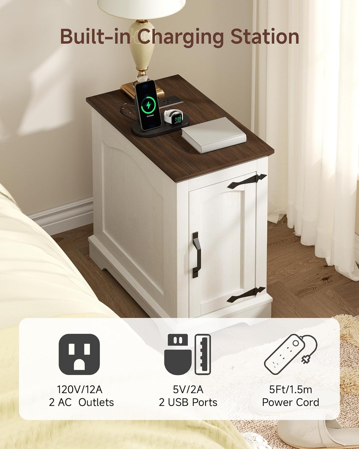 Narrow Side Table with Charging Station,13.8" W End Table with Storage for Sofa Couch or Bed Side with Outlets & USB Ports,Farmhouse Nightstand for Bedroom, Living Room (White & Walnut)