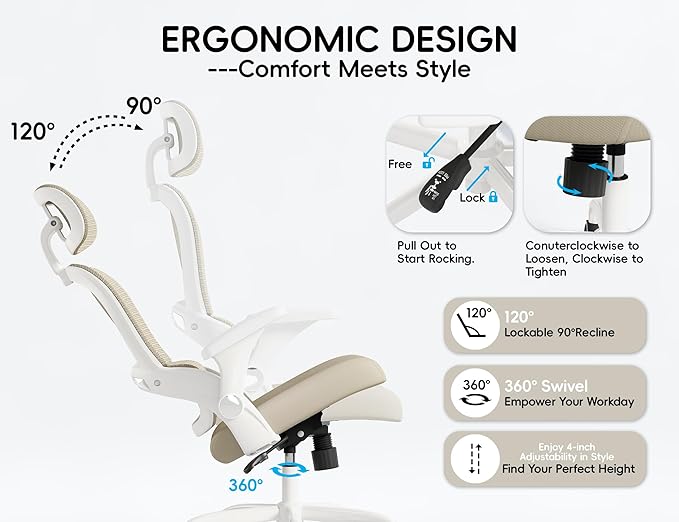 TRALT Office Chair - Ergonomic Office Chair with Back Support, Computer Chair - Home Office Desk Chairs, 330lbs Wide Seat Big and Tall Office Chairs with Headrest, Comfy Desk Chairs (Beige)