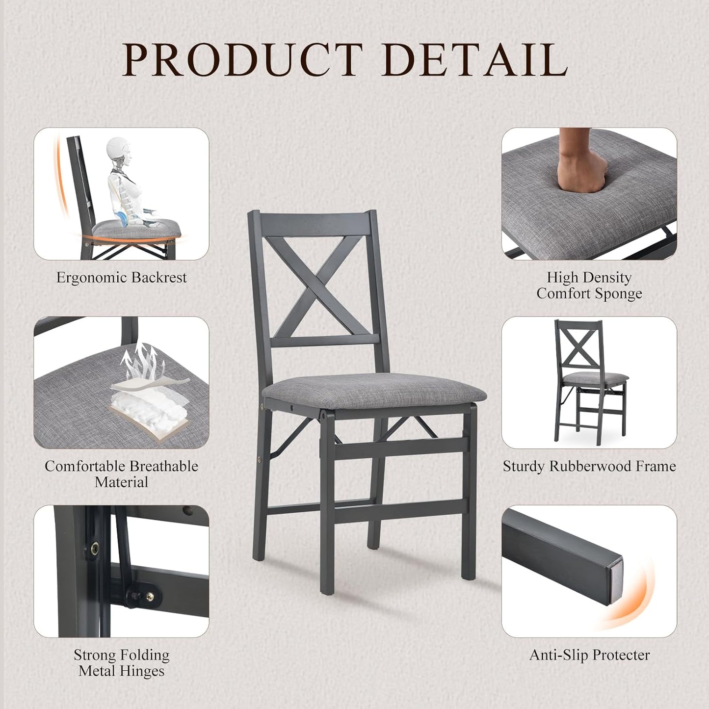 COLAMY Folding Dining Chairs Set of 4 – Dark Grey Upholstered Dining Room Chairs with Wooden Frame, Pre-Assembled, Space Saving Modern Kitchen & Dining Room Furniture for Small Spaces