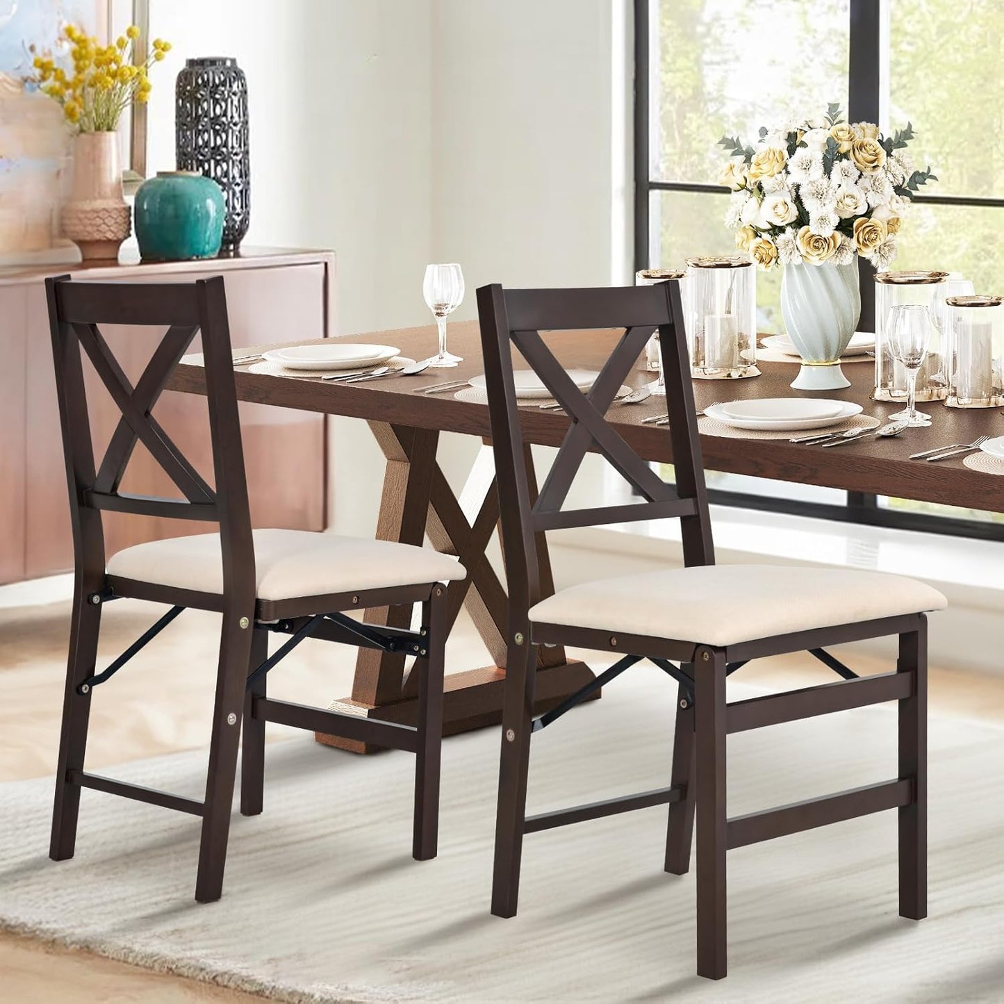 COLAMY Folding Dining Chairs Set of 2 – Beige Upholstered Wooden Dining Room Chairs for Kitchen & Small Spaces, Mid Century Modern Design, Space-Saving, No Assembly Required