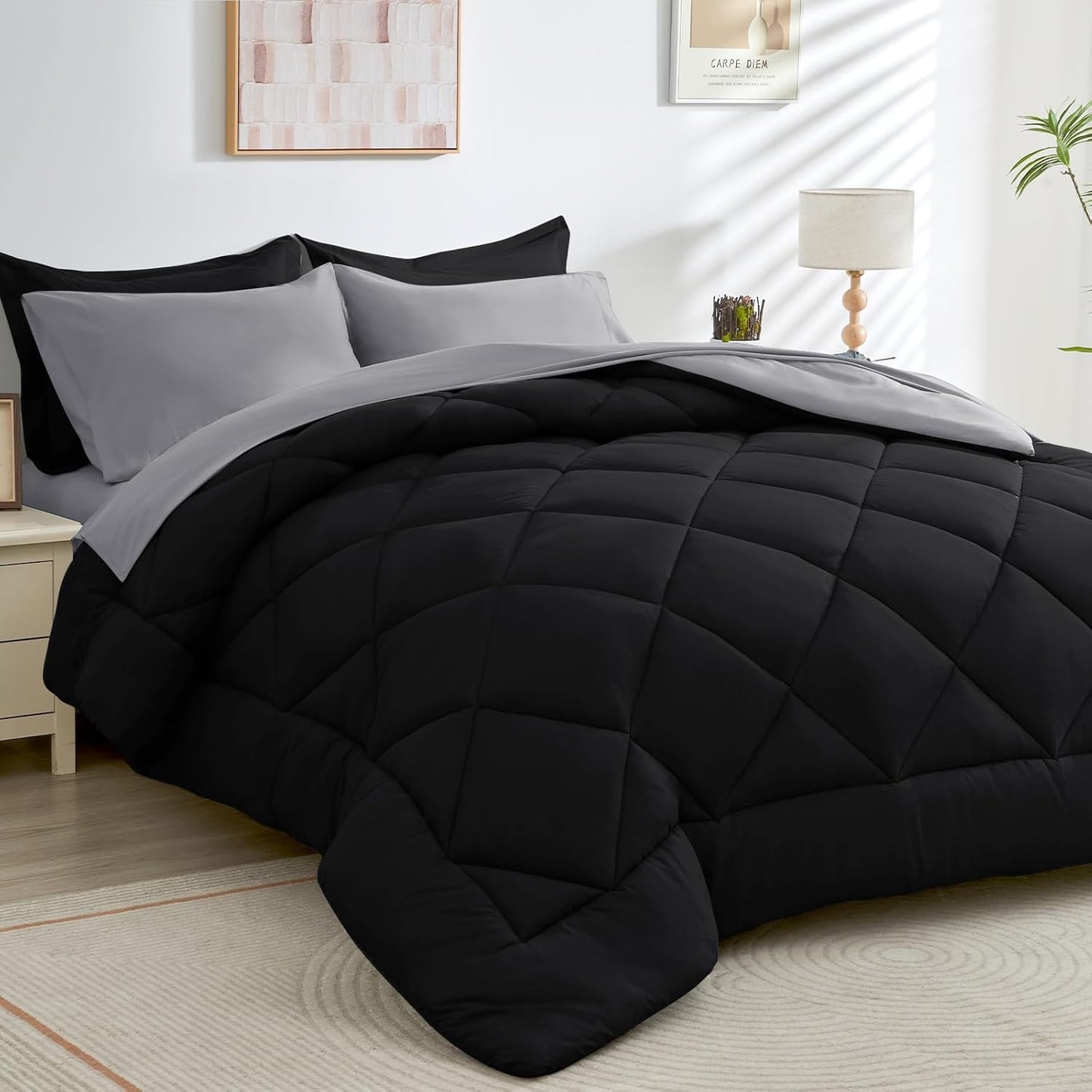 HEVUMYI Oversized Queen Comforter Set - 7-Piece All Season Bed in a Bag Oversized Queen, Ultra Soft Bedding Set with Comforter, Flat Sheet, Fitted Sheet, Pillowcases, Pillow Shams, Black & Light Grey