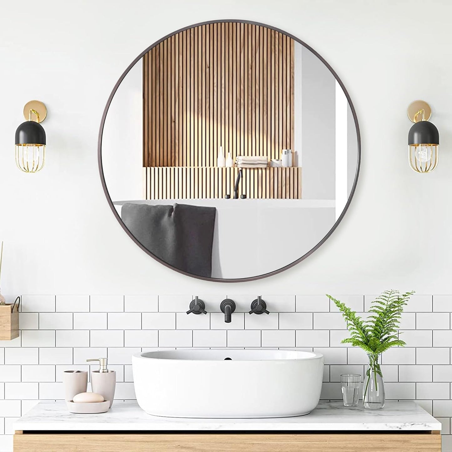 24 inch Round Titanium Mirror Wall Decor, Brushed Dark Grey Metal Framed Circle Mirror for Bathroom Vanity, Bedroom Decor, Living Room, Entryway