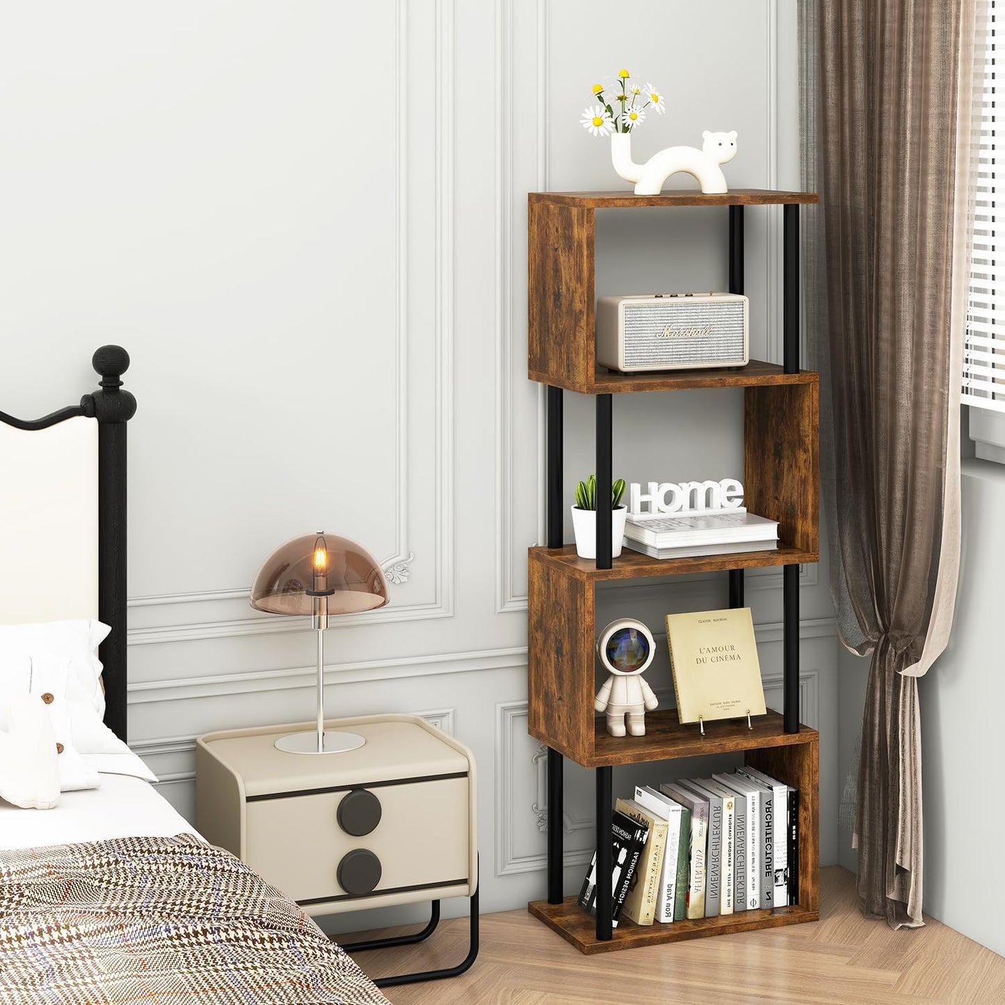 IBUYKE 5-Tier Tall Bookshelf,S-Shaped Geometric Bookcase, Wood Display Shelves with Storage,Industrial Bookshelf for Living Room Bedroom, Home Office, Rustic Brown WBC015H