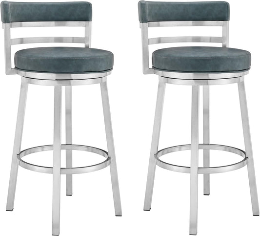 Armen Living Madrid 26" Seat Height Swivel Modern Blue Faux Leather and Brushed Stainless Steel Bar Stool for Kitchen Island Counter, Set of 2