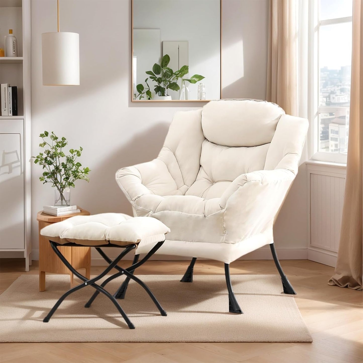 Lazy Chair with Ottoman, Large Modern Lounge Accent Chair with Armrests and Footrest, Reading Armchair with Ottoman, Leisure Sofa Chair for Living Room, Bedroom, Dorm Room, Office（Beige）