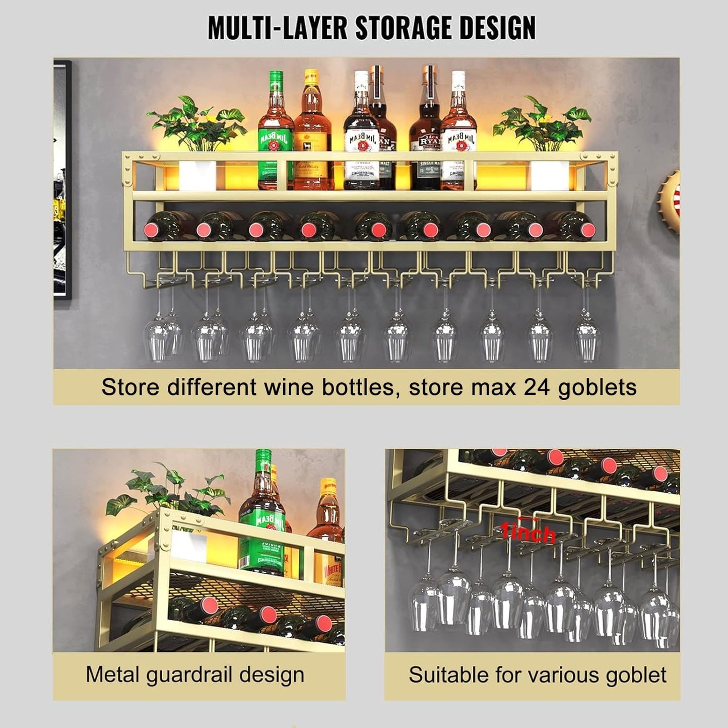 LED Wine Rack Wall Mounted, Industrial Metal Wall Wine Shelf & Glass Holder, Large Floating Shelves Wine Bottle Storage Display Rack for Home Bar Dining Room Decor(Gold, 31.5 x 9.8 x 10.6 inch)