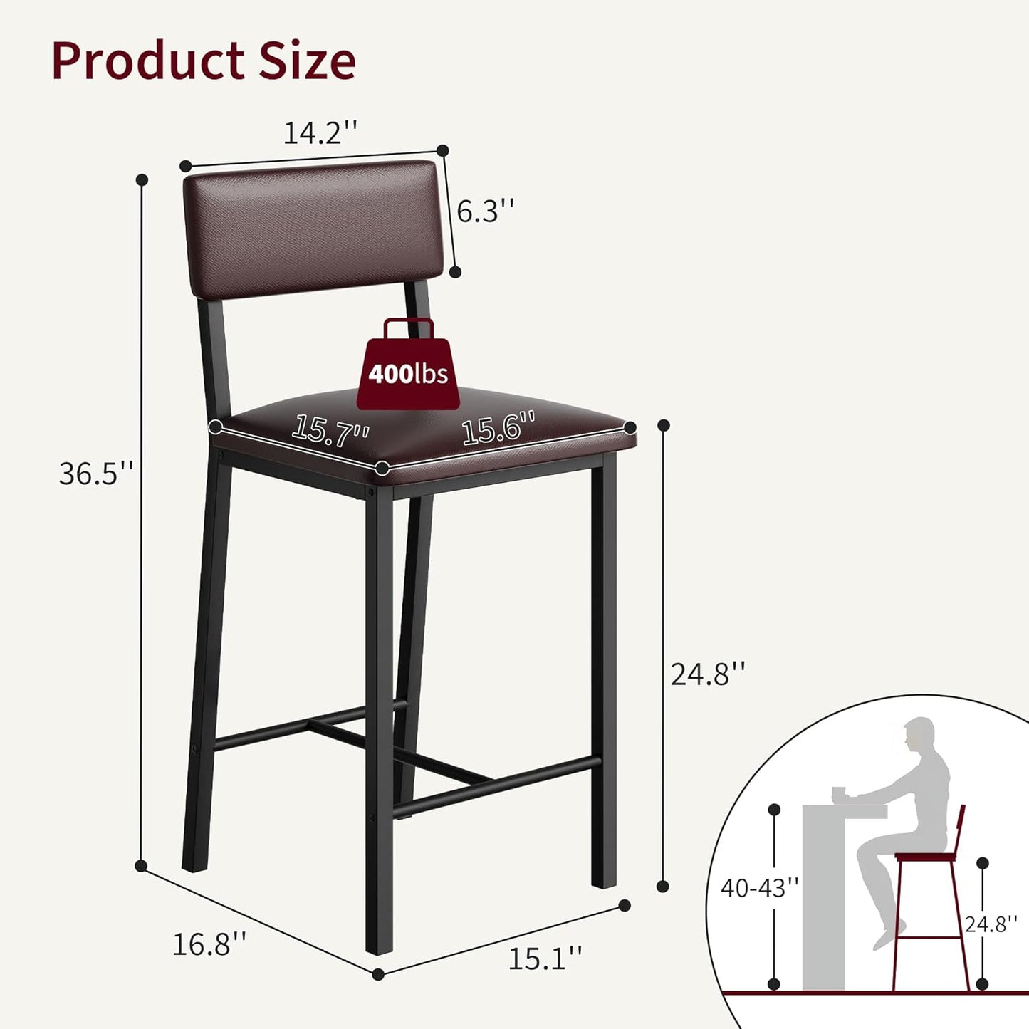 Garvee Bar Stools Set of 4, Kitchen Barstools with Thick Cushion, 25 Inch Counter Height Bar Stools with Backrest and Footrest, for Dining Room, Kitchen Island Counter Chairs, Retro Brown