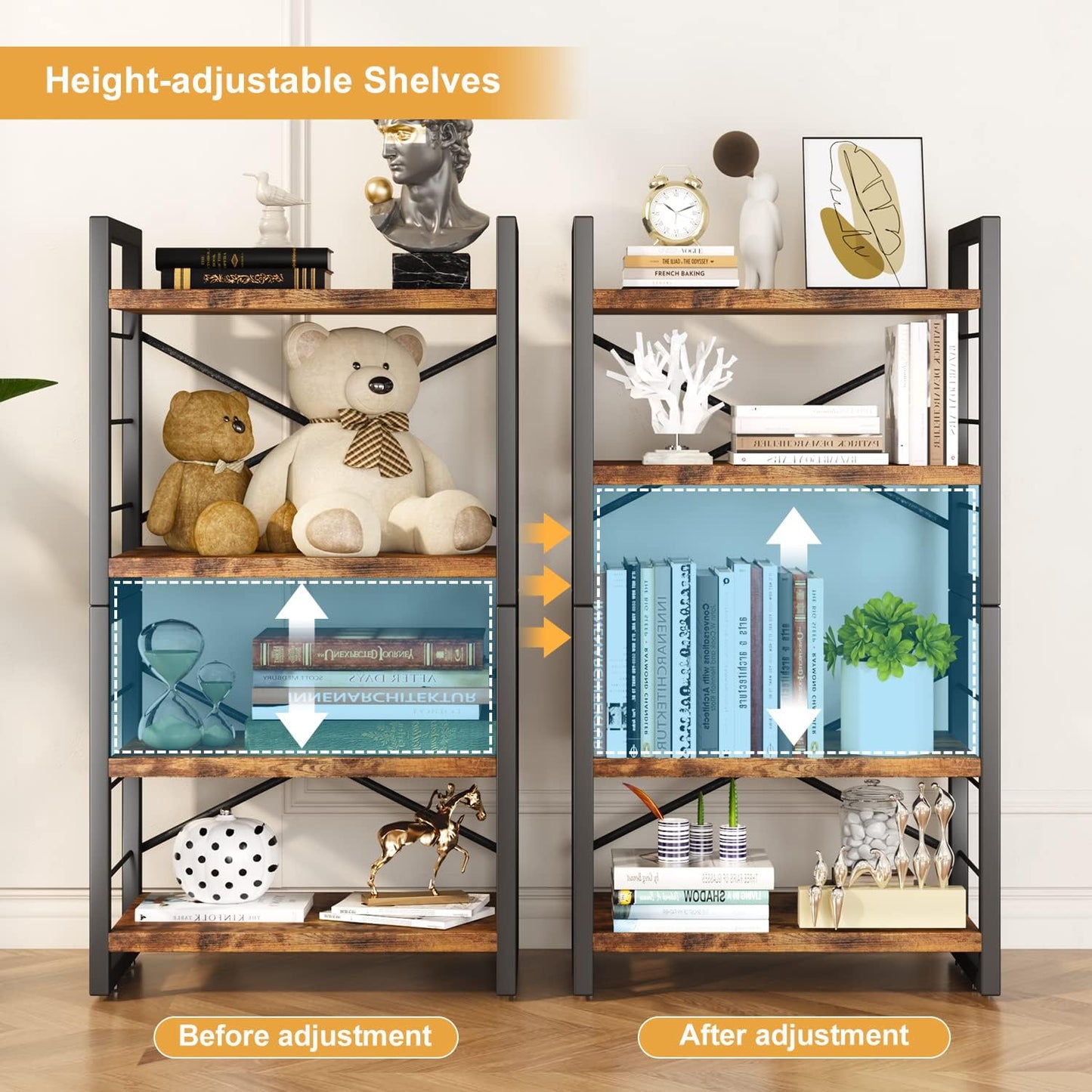 Homeiju Bookshelf, Dorm Desk Hutch, Desk Shelf Organizer, 4 Tier Stackable Bookcase, Adjustable Industrial Book Shelf Storage Organizer for Desktop, Living Room, Bedroom, Office,Rustic Black and Brown
