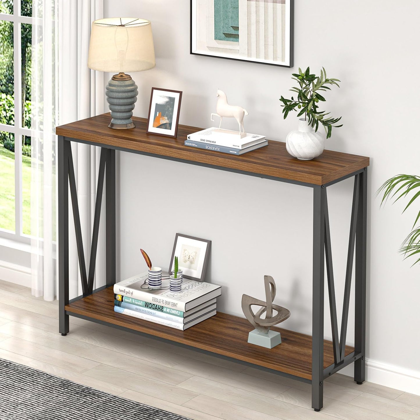 FOLUBAN Entryway Table, Narrow Console Table, Modern Sofa Table for Living Room, Hallway, Behind Couch (Rustic Walnut)