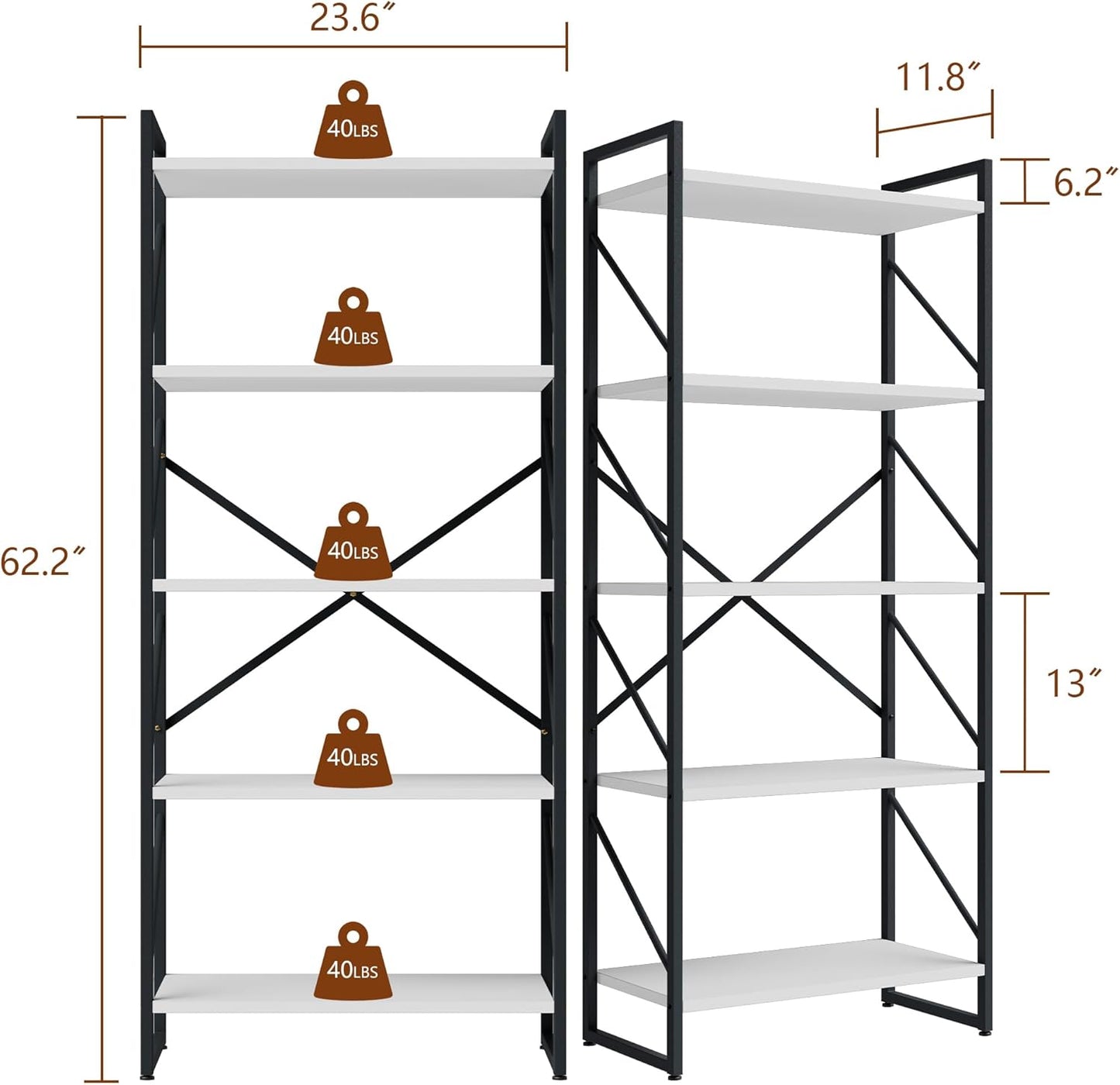 Shintenchi 5 Tiers Bookshelf, Classically Tall Bookcase Shelf,Industrial Book Rack,Modern Book Holder in Bedroom/Living Room/Office, Storage Rack Shelves for Books/Movies,11.8" Dx23.6 Wx62.2 H,White