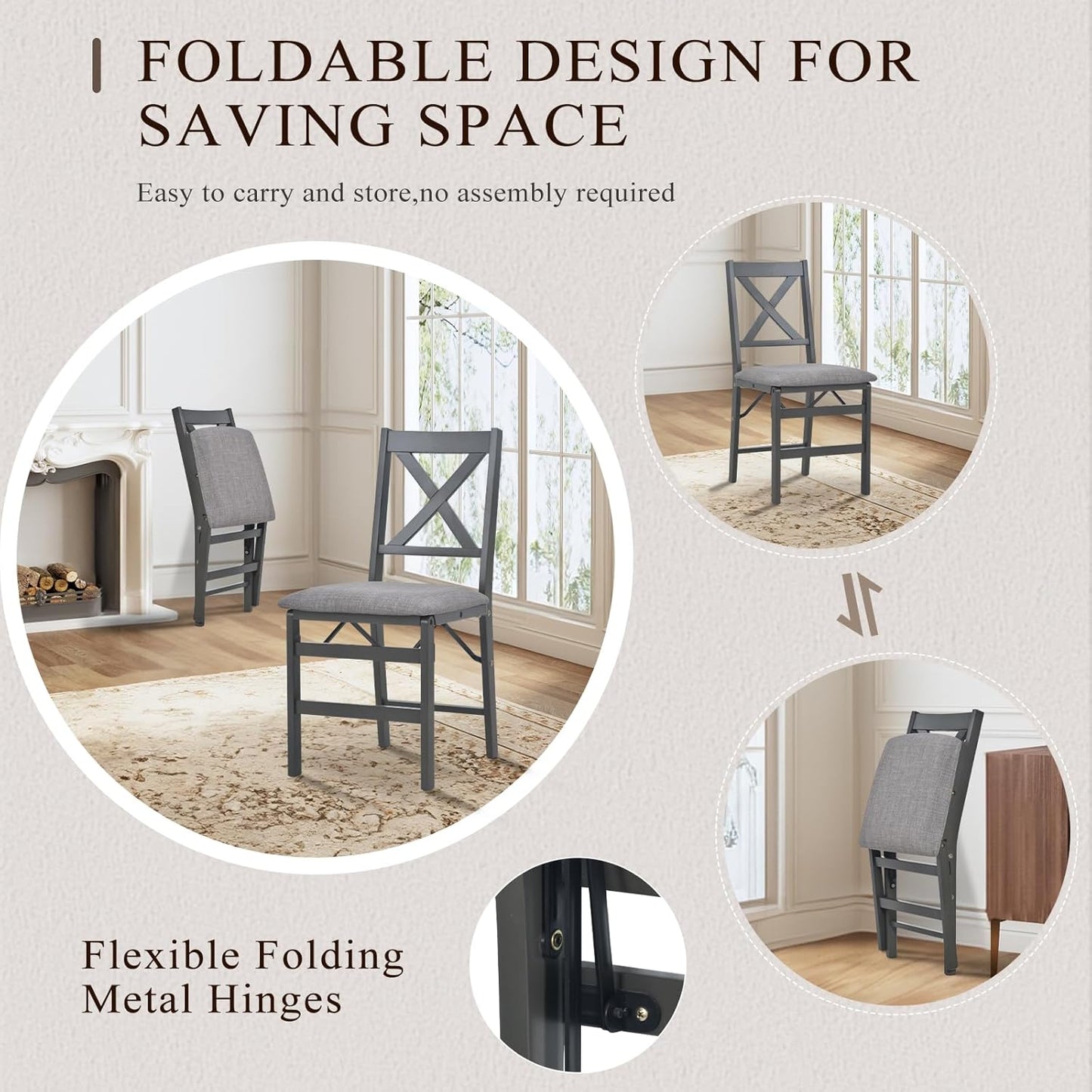 COLAMY Folding Dining Chairs Set of 2 – Dark Grey Upholstered Dining Room Chairs with Wooden Frame, Pre-Assembled, Space Saving Modern Kitchen & Dining Room Furniture for Small Spaces