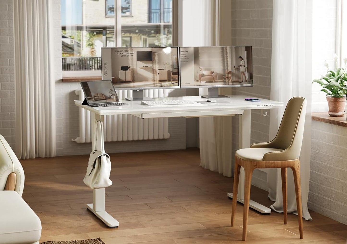 INNOVAR Wireless Charging Glass Standing Desk with Drawers, Adjustable Height Stand Up Desk, Electric Standing Desk with Storage, 55 inch, Super White