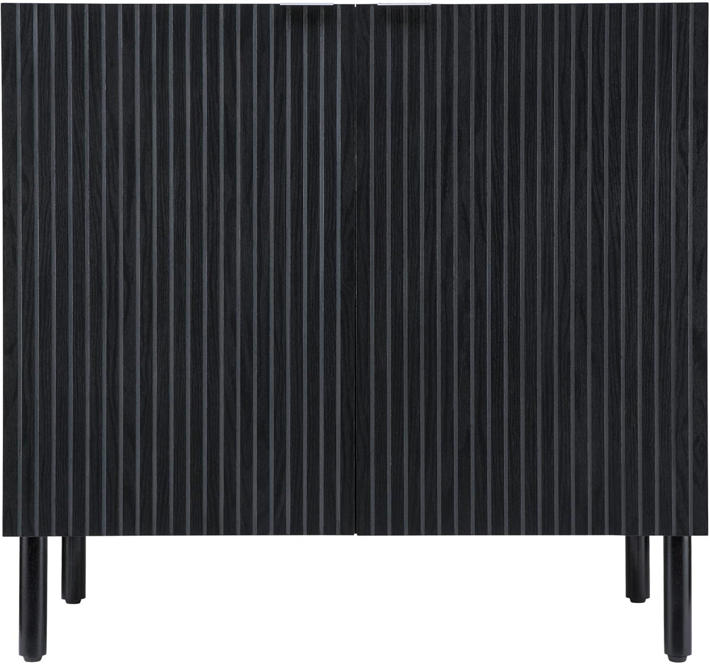 Sango Merk 2-Door Cabinet, Modern Black Storage Cabinet with Vertical Groove Doors, Adjustable Shelf, Cylindrical Wood Legs, Discreet Metal Finger Pulls, Stylish Furniture for Living or Dining Room