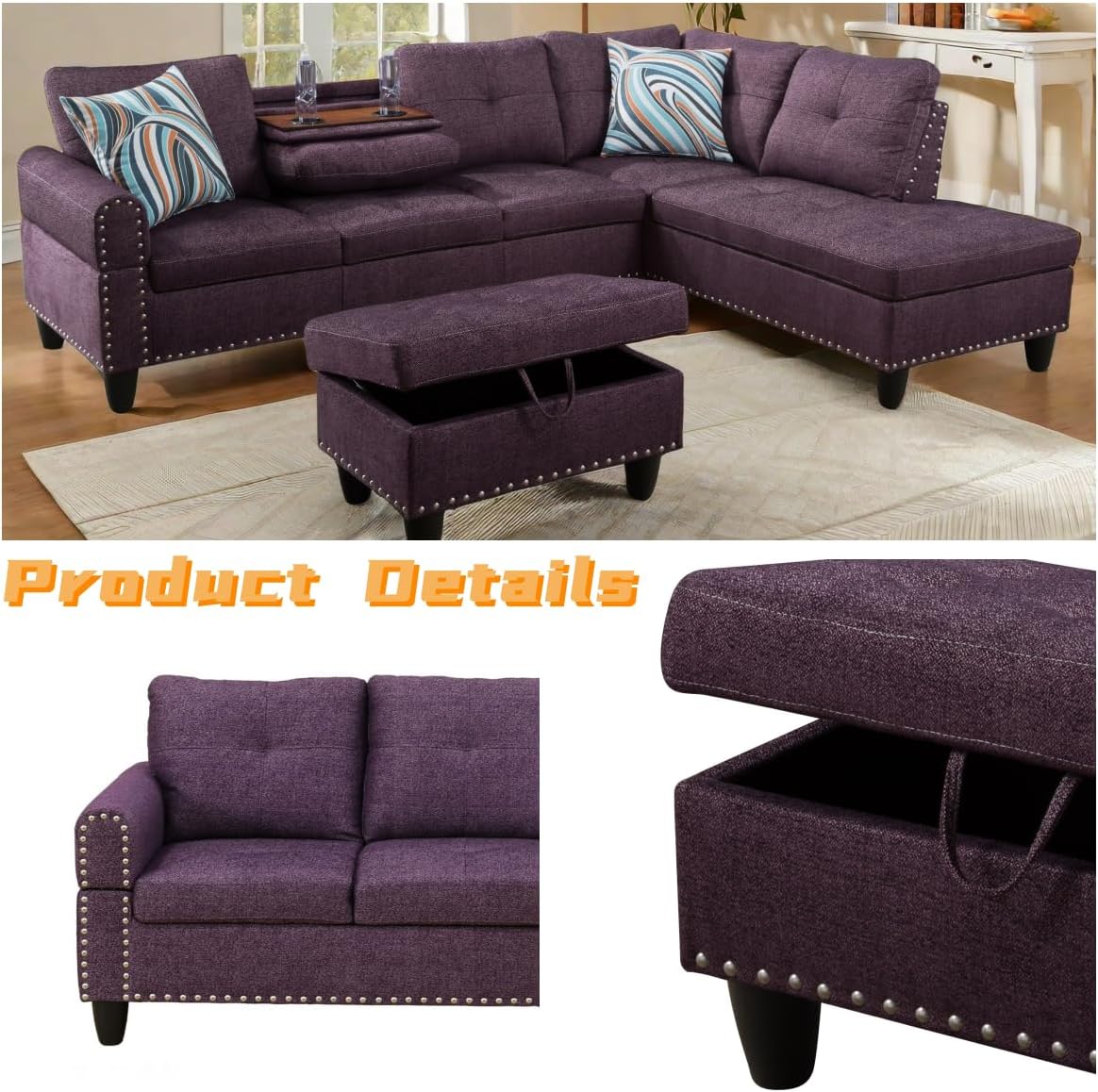 L Shaped Sectional Couch with Otttoman, 97" Sectional Sofa for Living Room Flannel Modular Couches with Cup Holders for Bedroom, Apartments, Purple