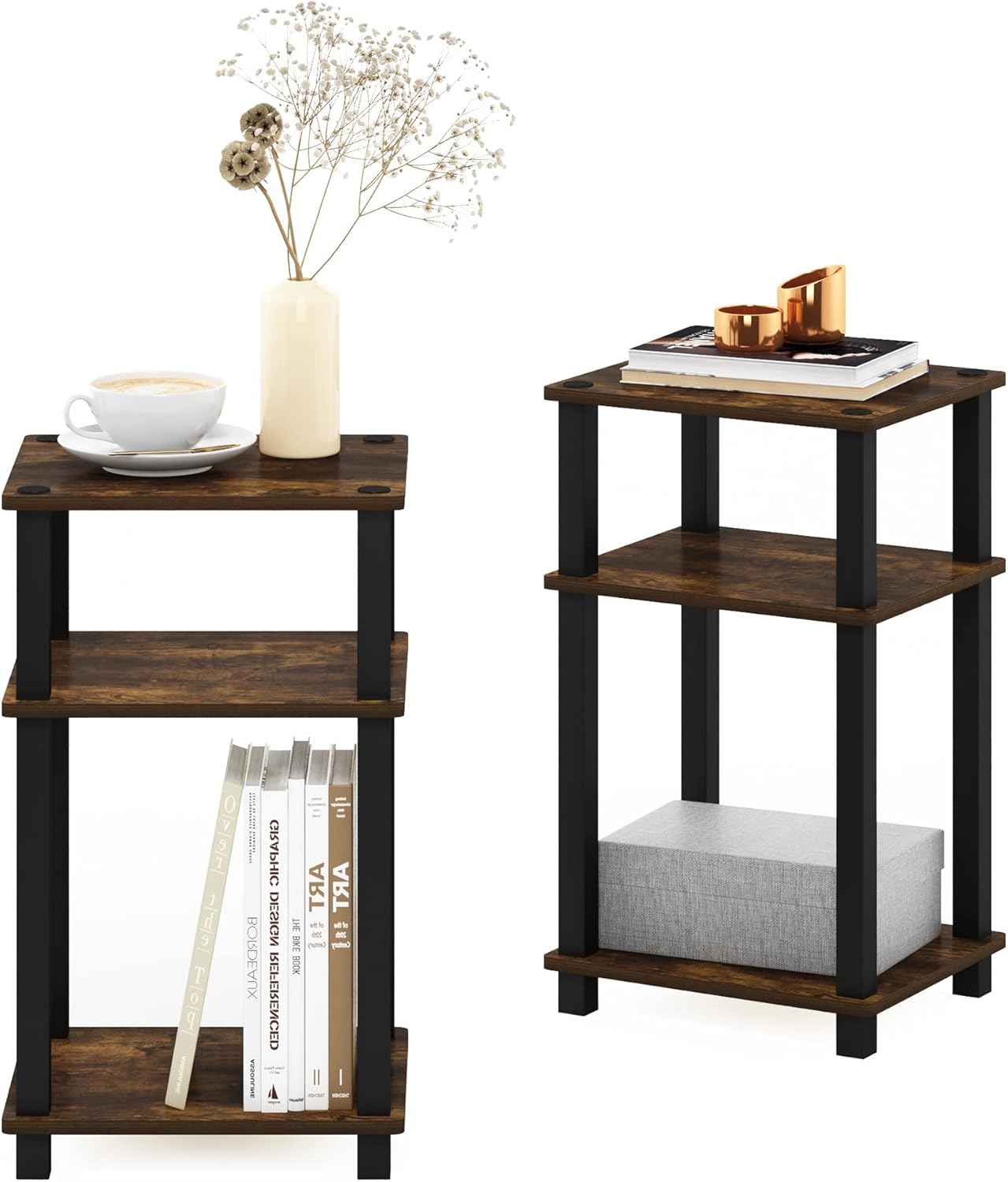 Furinno Just 3-Tier Turn-N-Tube End Table, 2-Pack, Amber Pine/Black