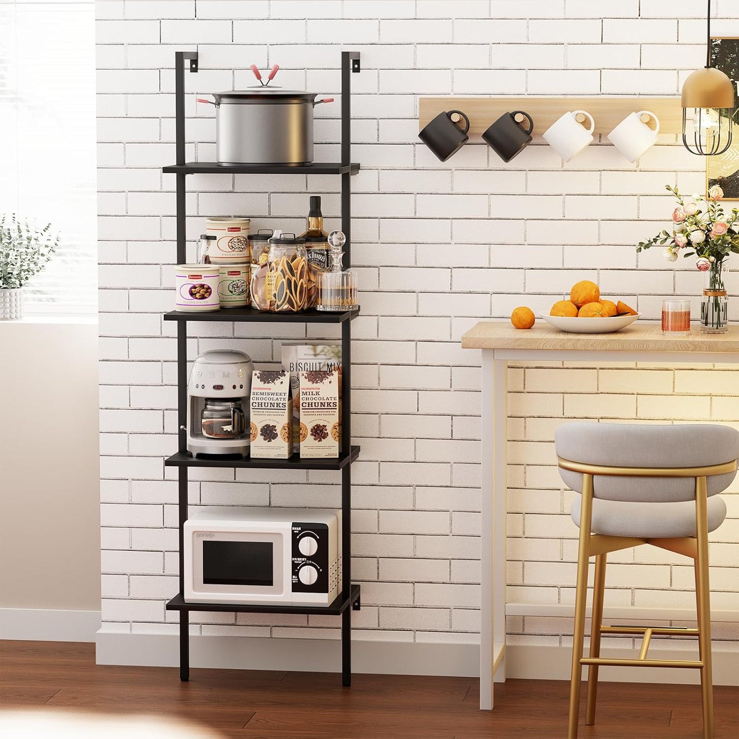 Ladder Shelf 4 Tiers Metal Industrial Bookshelf,Black Wooden Tall Open Storage Rack and Display Shelves,Wall Mount Wide Book Case for Home Office Bedroom,Small