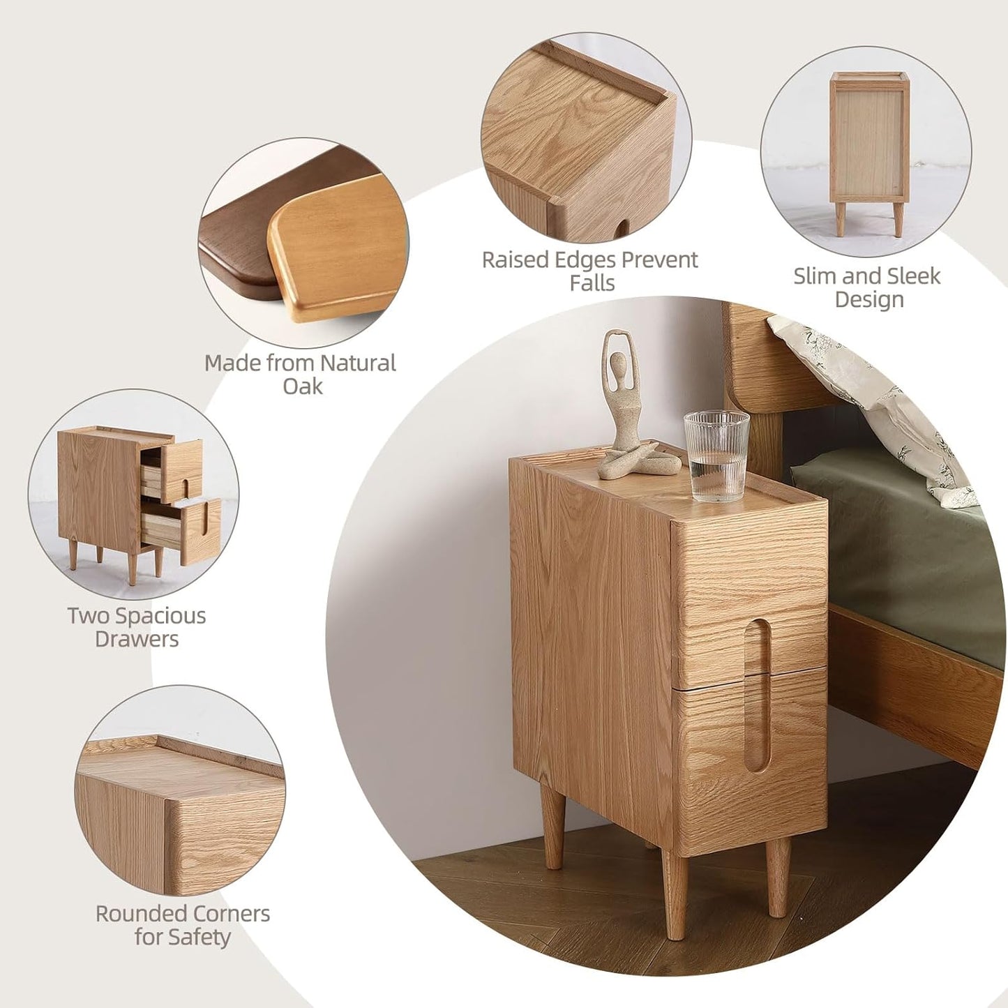 Solid Wood Bedside Table Nightstands, Slim Narrow Oak Real Wooden Mid-Century Modern End Table with Drawers Luxury Side Table Durable Cabinet Organizer Furniture, Natural Color 7.87in Wide