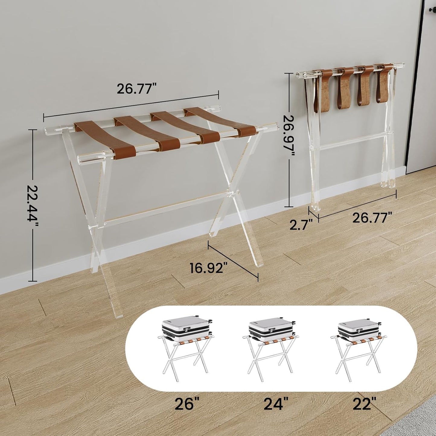 Sumerflos Acrylic Luggage Rack for Guest Room - Foldable Suitcase Stand with Leather Straps for Bedroom Living Room Hotel Heavy-Duty, Holds up to 50-100 lb lightweight Space Saving (Brown & Handle - 2 Pcs)
