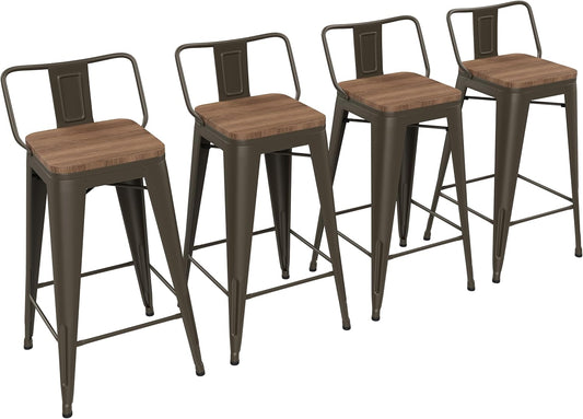 Yongchuang 26 inch Bar Stools Set of 4 Industrial Kitchen Counter Height Barstools with Wood Seat Metal Low Back Bar Chairs Gunmetal