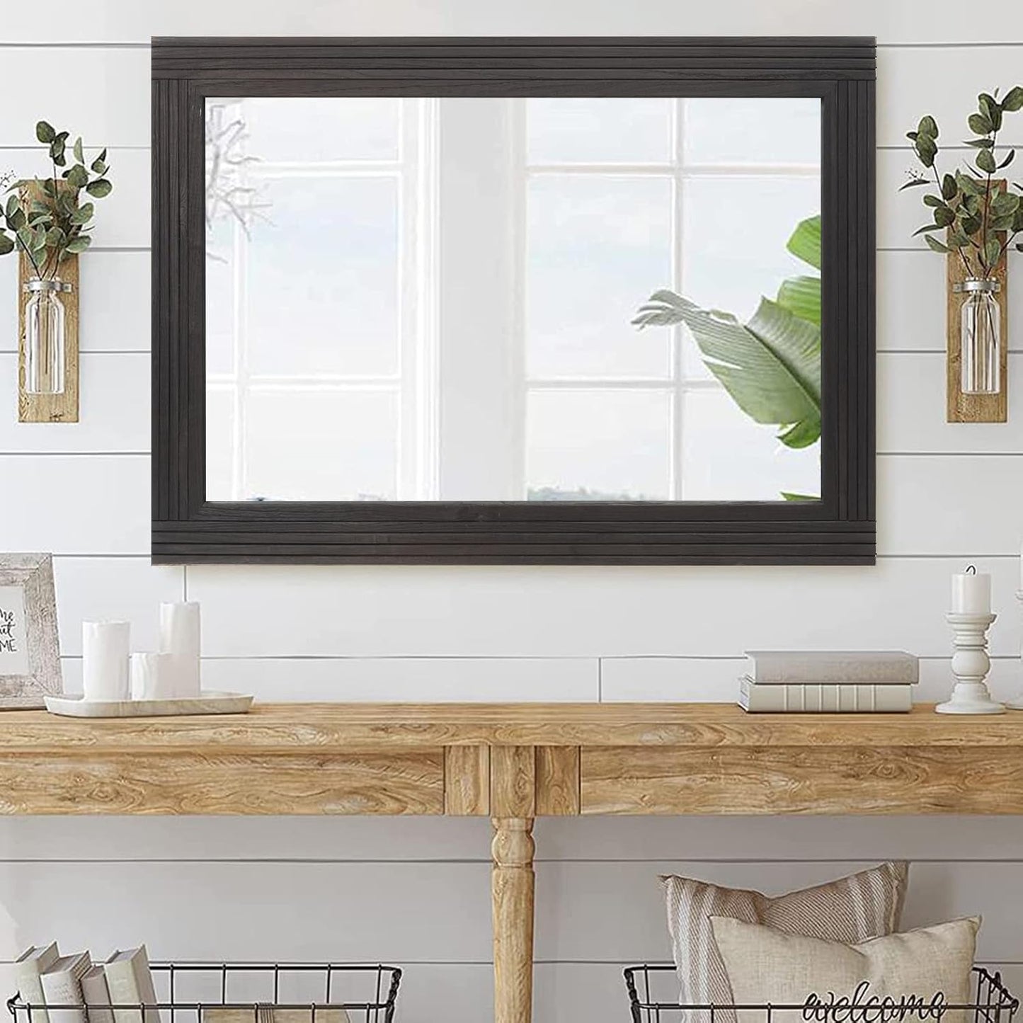 YOSHOOT Hand-Made Wooden Spliced Wall Mirror for Bathroom, Rustic Farmhouse Vanity Mirror, Décor Wall Art, Solid Wood Frame, Vertical or Horizontal Hanging, 53" x 28", Black