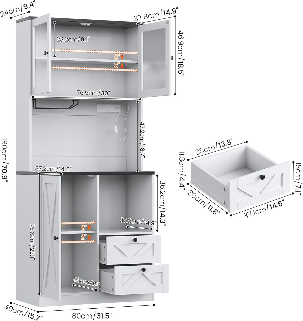 71" Tall Coffee Bar Cabinet with Storage Hutch, Farmhouse Kitchen Pantry Cabinet with LED Lights Microwave Stand and Glass Holder for Home Dining Room Kitchen,White
