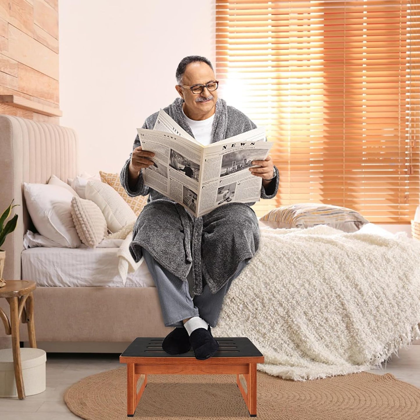 One Step Stool for Bed, Wooden Step Stool with Non-Slip Feet, 450 LBS Capacity Stepping Stool for Adults Seniors, Bedside Steps for High Beds, Bathroom Kitchen Bedroom, Easy to Assemble, Rustic Brown