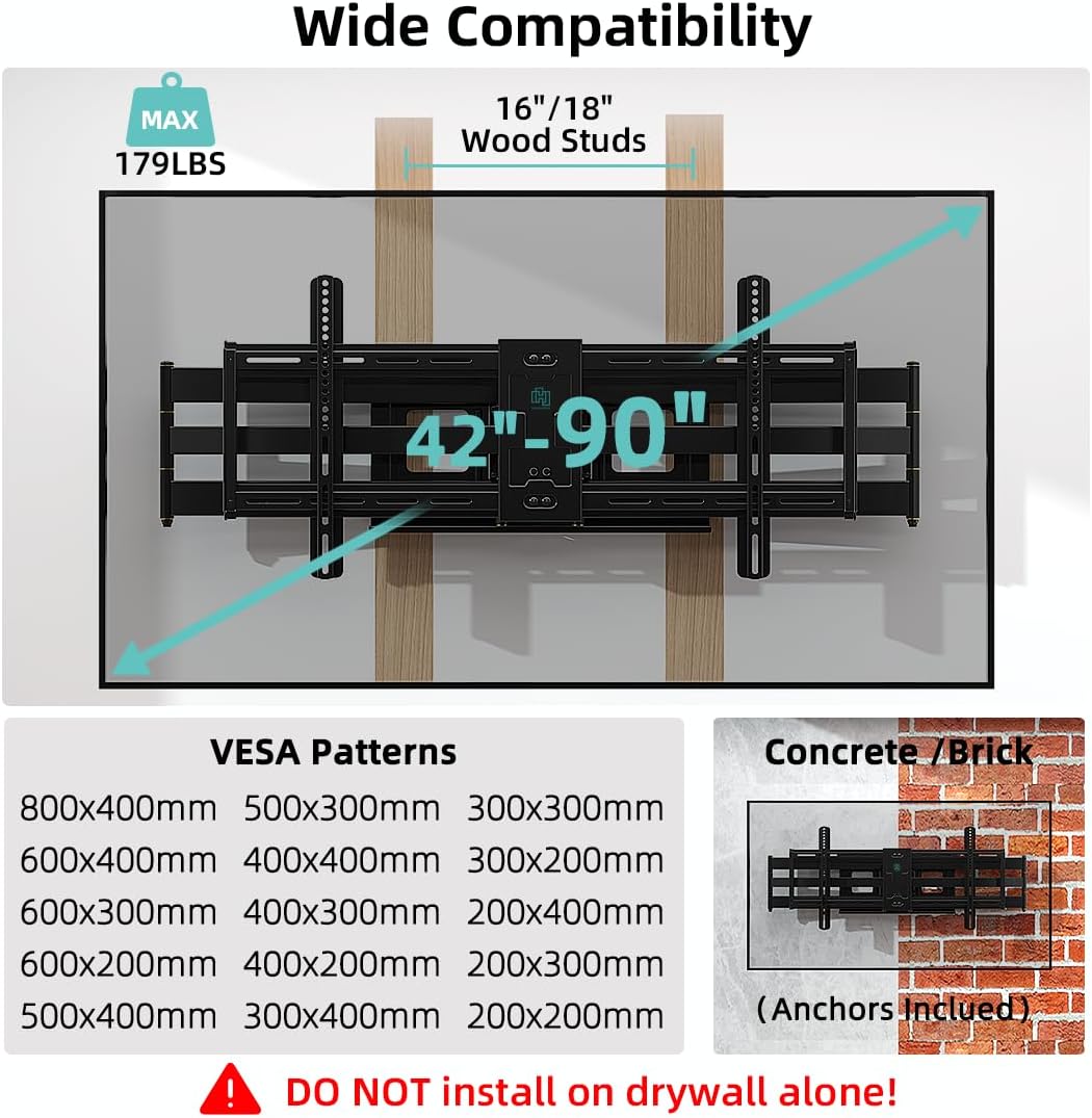 Heavy Duty TV Wall Mount for 42-90" TVs, 4X Load Tested Holds 179lbs, 40.9" Smooth Gliding Extension Arms, Full Motion Swivel & Tilt, VESA 800x400, Fits 16-18" Studs