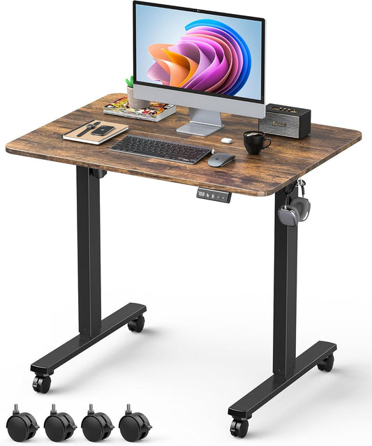 Small Height Adjustable Electric Standing Desk, 31.5" x 23.6" Sit Stand up Desk with Splice Board, Ergonomic Rising Computer Home Office Desk Table with Memory Preset, Black Frame/Rustic Brown Top