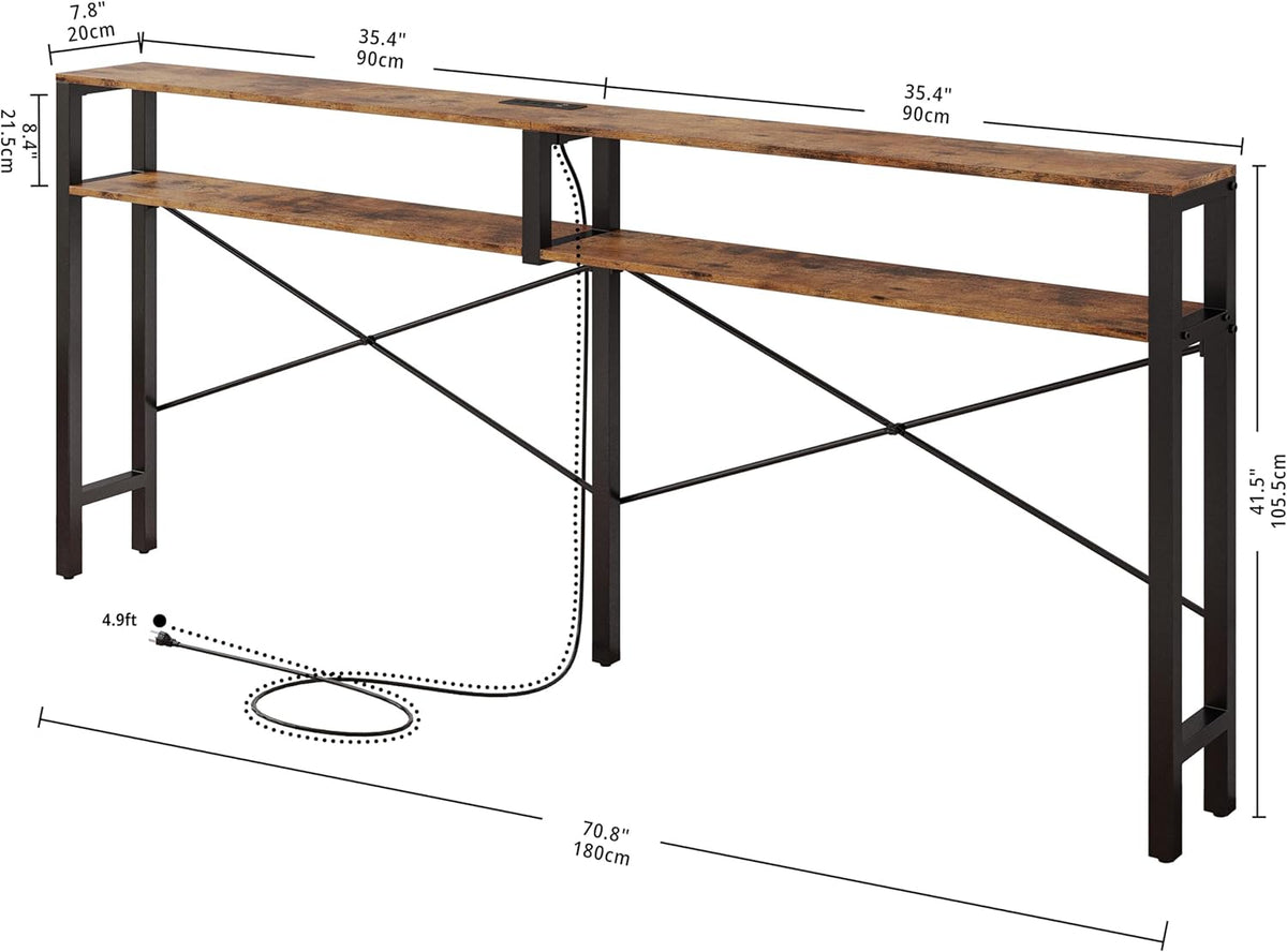IRONCK Console Table with Power Outlet, Long Sofa Table with Shelves and X-Shaped Design, Narrow Sofa Entryway Behind Couch Table for Living Room and Hallway, Vintage Brown