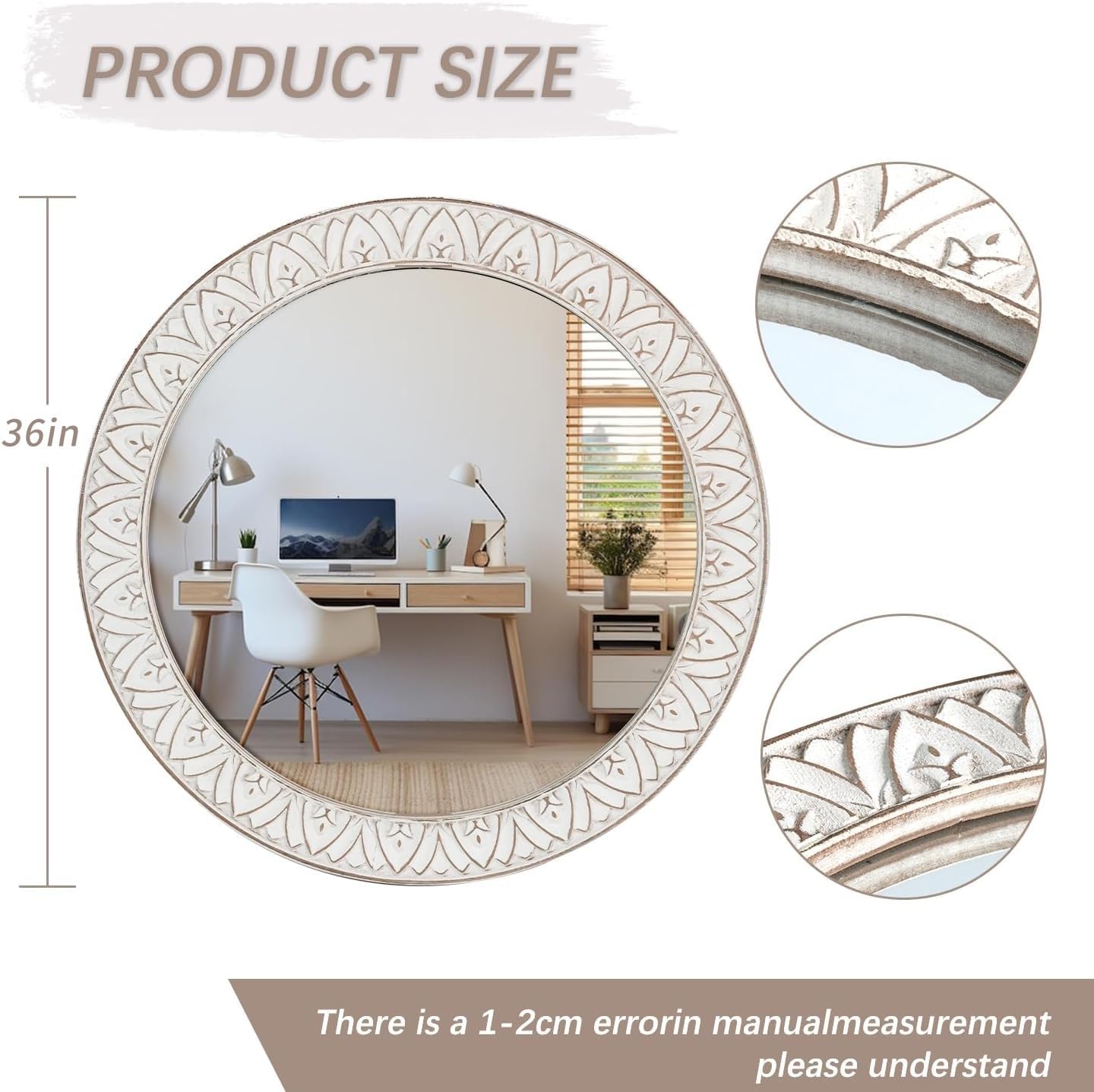 Mirror Round Wood 36 Inch Farmhouse Wood Frame Round Mirror Rustic Large Decorative Wall Mount Bathroom Mirror Antique Hanging Mirror for Living Room, Bedroom, Entryway