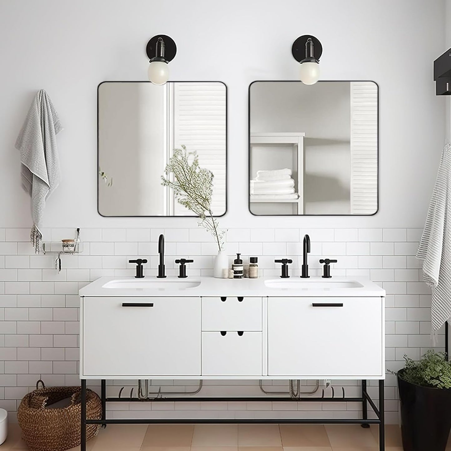 ANDY STAR Square Wall Mirror for Bathroom, 24”x24” Matte Black Bathroom Mirror, Rounded Corner Metal Mirror in Premium Stainless Steel Frame Hangs Horizontal Or Vertical